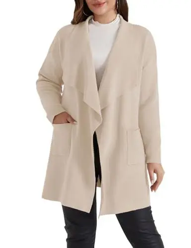 Produktbild: Hanna Nikole Frauen Plus Größe Strickjacke lässig Revers vorne offen Pullover Lange Ärmel Stricken Mantel mit Tasche 2024 Herbst Outfit Aprikose 54