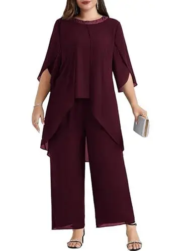 Produktbild: Hanna Nikole Glitzer Outfit Damen GroßE GrößEn Abendanzug Chiffon Hosenanzug Eleganter Zweiteiler Festliches Outfit Hochzeitsgast Festmode Cocktail Tops Und Festliche HosenanzüGe Party Outfit
