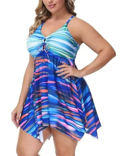 Produktbild: Hanna Nikole Große Größen Damen Einteiliger Bedruckter Badeanzug mit Cups Bauchweg Badekleid mit Badeshorts Rücken Kreuzen Farbstreifen,48