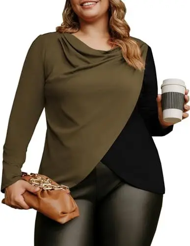 Produktbild: Hanna Nikole Frühling Hemd Kontrastfarbe Oberteile Lange Ärmel Top Cowl Neck Herbst T-Shirt für Mollige Frauen Schwarz & Khaki 46