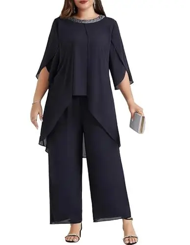 Produktbild: Hanna Nikole Party Outfit Damen GroßE GrößEn Abendanzug Chiffon Hosenanzug Eleganter Zweiteiler Festliches Outfit Hochzeitsgast Festmode Cocktail Abendmode Festliche HosenanzüGe