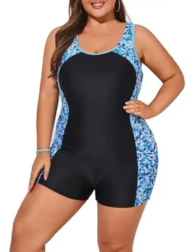 Produktbild: Hanna Nikole Kontrastfarben Swimsuit Badeanzüge U Ausschnitt für Mollige Frauen Dehnbarem Schwarz Seeblau 52