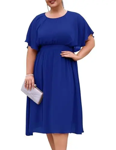 Produktbild: Hanna Nikole Midi Freizeitkleider Rüschenärmel Dehnbarem Partykleid Schöne für Mollige Frauen Königsblau 52