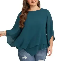Produktbild: Hanna Nikole Womens Plus Size Chiffon Blouse Batwing Sleeves Loose Flowy Tunic Pfauenblau 54