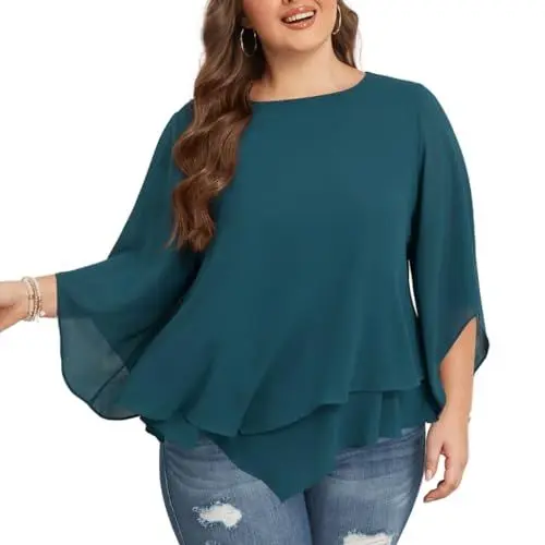 Produktbild: Hanna Nikole Womens Plus Size Chiffon Blouse Batwing Sleeves Loose Flowy Tunic Pfauenblau 54