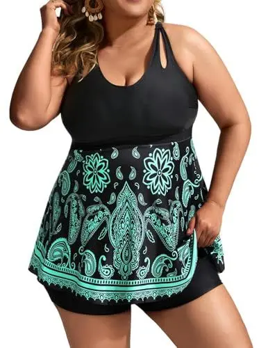 Produktbild: Hanna Nikole Tankini Damen Bademode Set Raffung Einteilige bademode Swimsuits for Women für Foto 2025 Sommer Schwarz-Grün Patchwork 48 Große Größen