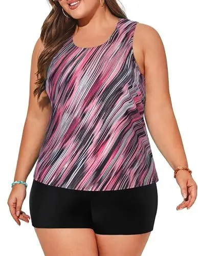 Produktbild: Hanna Nikole Tankini Damen Große Größen Dreiteilig Bikinioberteil mit Tanktop Badeanzug Bauchweg Badehose Sportlich Bademode Rote Diagonale Streifen 52 (Etikett:20W)
