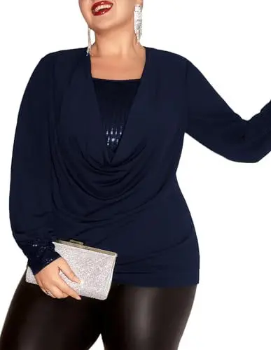Produktbild: Hanna Nikole Weibchen Übergröße Sparkle Oberteile Bluse Drapierter Lange Ärmel Elegant Shirt Dunkelblau 50