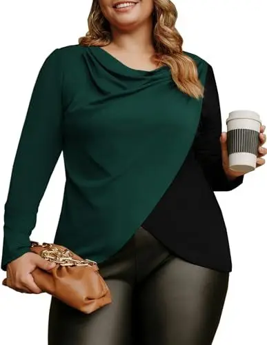Produktbild: Hanna Nikole Weibchen Große Größe Drapierter Top Oberteile Langarmärmel Hemd Lässig Langarmshirt Herbst Schwarz & Grün 50