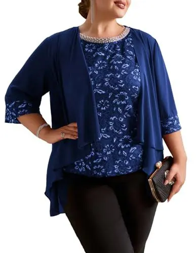 Produktbild: Hanna Nikole 2-Teiliges Rundhalsausschnitt Bluse Ärmellose Tank Top Unregelmäßiger Saum Strickjacke Klassisch Zweiteiliger für Mollige Frauen Königsblau 52