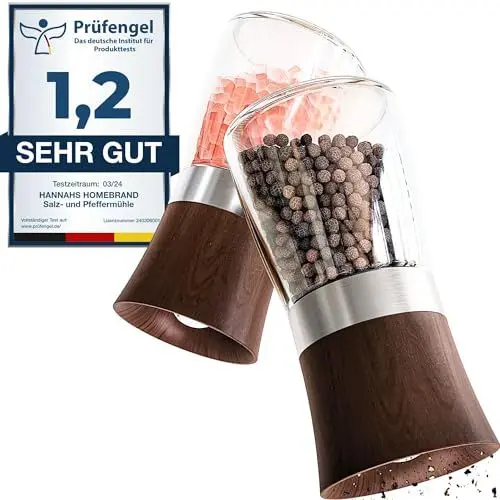 Produktbild: Hannah's Homebrand - Salz und Pfeffermühle Holz mit Keramikmahlwerk - robuste Salzmühle für grobes Salz - ohne Inhalt (2er)