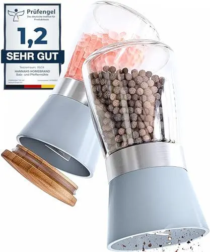 Produktbild: Hannah's Homebrand - Salz und Pfeffermühle mit Keramikmahlwerk - robuste Salzmühle für grobes Salz - ohne Inhalt (2er)