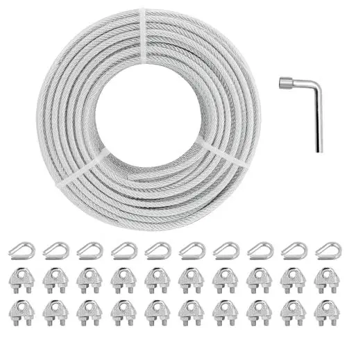 Produktbild: hannger 3MM Drahtseil, 30M Stahlseil Spannvorrichtung Strainer Kit mit 7×7 Strand Kern PVC-ummanteltes Stahlseil für Geländer, Treppengeländer, Beschattungssegel Lichterketten, Kleiderleine