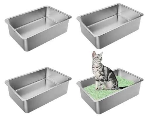 Produktbild: hannger Edelstahl Katzenklo, 4 Stück Katzenklo Groß, XXL Katzentoilette aus Edelstahl, Niemals Gerüche, Antihaft Glatte Oberfläche, Leicht zu Reinigen (50 x 35 x 15cm)