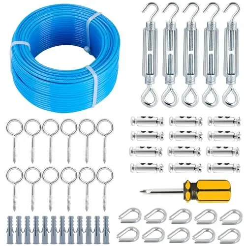 Produktbild: hannger 30M Drahtseil, 3MM Blau PVC Ummantelt Stahlseil mit Ösen & Mehrzweck Spannschlösser für Wäscheleine, Wäscheleinenspanner für T-Pfosten, String Licht Aufhängen, Garten Draht
