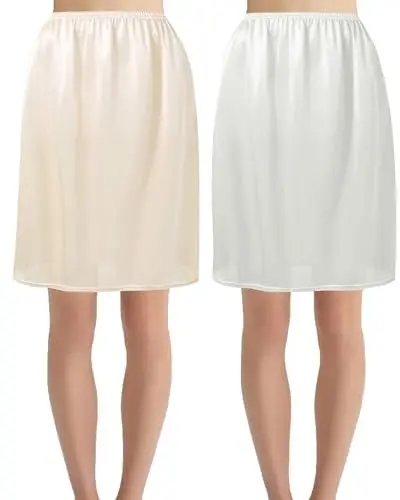 Produktbild: Hanpceirs 2 Stück Damen Petticoat Unterröcke für Damen halbe Slips für unter Kleider Satin Rock Extenders 50cm Weiß und Beige L