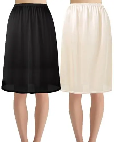 Produktbild: Hanpceirs 60cm 2 Stück Damen Petticoat Unterröcke für Damen halbe Slips für unter Kleider Satin Rock Extenders Schwarz und Beige S