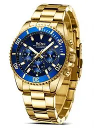 Produktbild: HANPOSH Herren Chronograph Armbanduhr - Edelstahl Wasserdicht Quarz Uhr mit Datum - Business Casual für Männer (A07-Gold Blau)