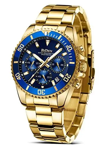 Produktbild: HANPOSH Herren Chronograph Armbanduhr - Edelstahl Wasserdicht Quarz Uhr mit Datum - Business Casual für Männer (A07-Gold Blau)