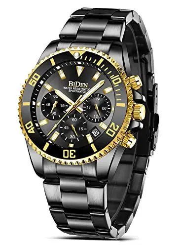 Produktbild: HANPOSH Herren Uhr Uhren Herren Chronographen Edelstahl Wasserdicht Armbanduhr Herren Quarz Uhren mit Datum Business Casual Uhr für Männer (A08-Schwarz Gold)
