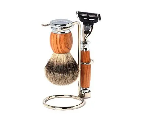 Produktbild: Hans Baier Rasierset - Rasiergarnitur Rasier, Pinsel Silberspitze, Halter olive/chrom