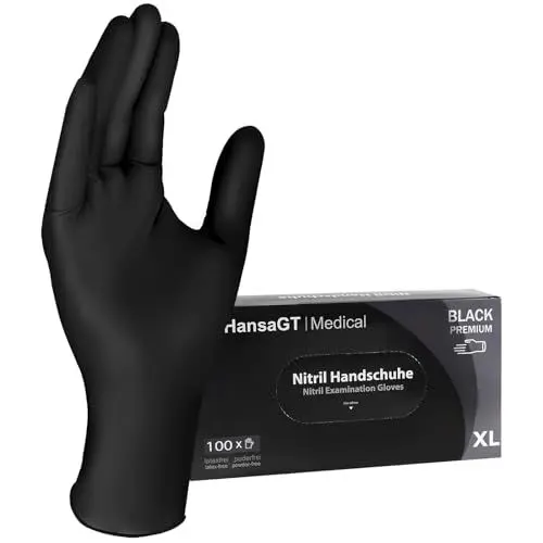 Produktbild: HansaGT Medical Nitrilhandschuhe Schwarz 100 Stück XL, Premium Einweghandschuhe latexfrei, Einmalhandschuhe nitril puderfrei - Black Nitrile Gloves für Kochen Reinigen Tattoo & Nagelpflege