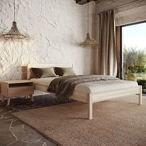 Produktbild: Hansales Holzbett 140x200 cm Kaja Scandi Style ohne Rollrost aus unbehandeltem hartem FSC® Birken Massivholz - über 350 kg - Doppelbett Bettgestell mit Kopfteil.