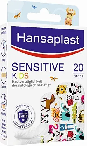 Produktbild: Hansaplast Kinderpflaster Sensitive (20 Strips), Wundpflaster mit niedlichen Tiermotiven zum Aufmuntern, schmerzlos zu entfernendes Pflaster Set