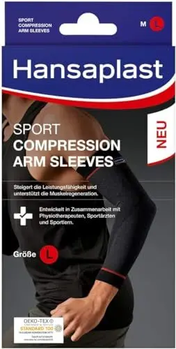 Produktbild: Hansaplast Sport Compression Wear Arm Sleeves, Armbandage unterstützt die Muskulatur, Ellenbogenbandage fördert mit Kompression die Muskelregenration, 1 Paar, Größe L/XL