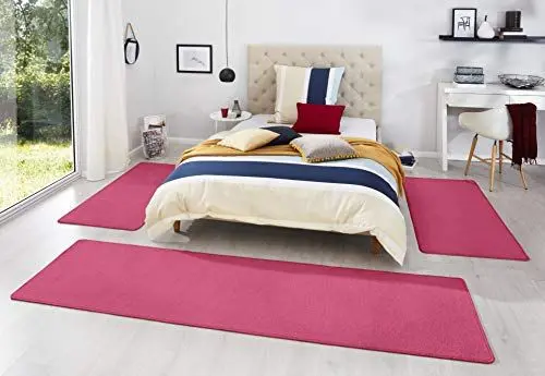 Produktbild: Hanse Home Teppich Bettumrandung Fancy 3-teilig – Bettvorleger Velours Teppichläufer Kurzflor Einfarbig Läufer-Set für Kinderzimmer Schlafzimmer, Pink 2X 67x140 cm 1x 67x250cm