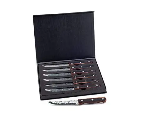 Produktbild: Hanseküche Steakmesser Set – 6x Hochwertige Steakmesser mit Holzgriff – Edles Besteck Set aus rostfreiem Spezialklingenstahl mit Wellenschliff und Geschenkbox (Schwarz-Orange)