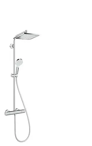 Produktbild: hansgrohe Crometta E - Duschsystem mit Thermostat, Regendusche (240 x 240 mm) mit Armatur, Handbrause (2 Strahlarten), Schlauch, Brausestange und eckiger Kopfbrause (1 Strahlart), Chrom, 27271000