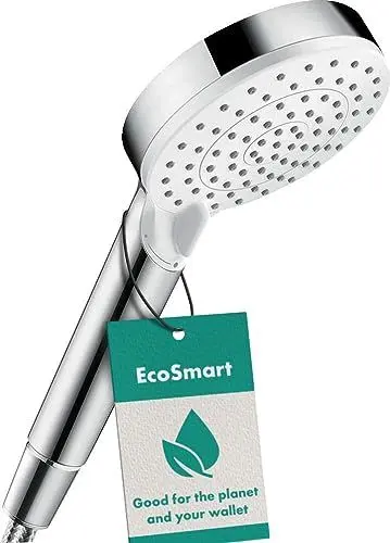 Produktbild: hansgrohe Crometta - wassersparender Duschkopf 6,7 l/min (EcoSmart), Handbrause mit 2 Strahlarten, runde Duschbrause (100 mm), Sparduschkopf mit Antikalk-Funktion, Weiß/Chrom, 26332400