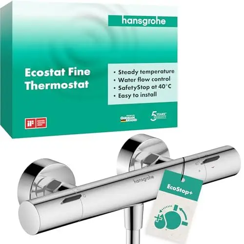 Produktbild: hansgrohe Ecostat Fine - Duschthermostat Aufputz mit EcoStop+, Duscharmatur mit Sicherheitssperre (SafetyStop) bei 40° C, Thermostat für die Dusche, Mischbatterie für 1 Verbraucher, Chrom, 13324000