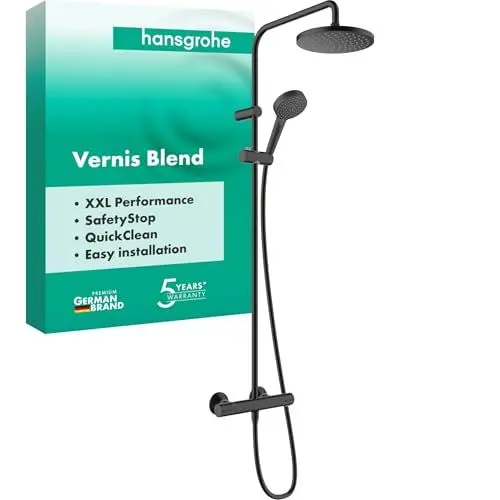 Produktbild: hansgrohe Vernis Blend - Duschsystem mit Thermostat, Regendusche (205 mm) mit Armatur, Handbrause (2 Strahlarten), Schlauch, Brausestange und runder Kopfbrause (1 Strahlart), Mattschwarz, 26276670