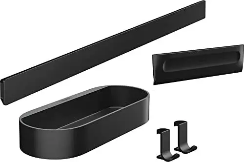 Produktbild: hansgrohe WallStoris - Duschset, Zubehör Set für die Dusche ohne bohren, Badezimmer Set 4-teilig, Wandstange, Ablagekorb, Duschabzieher, Handtuchhaken, Badezimmer Zubehör, Mattschwarz, 27967670