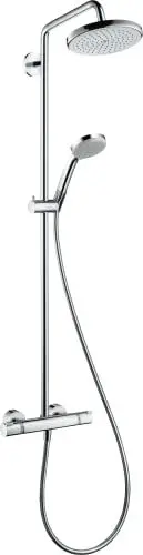Produktbild: hansgrohe Croma - wassersparendes Duschsystem (EcoSmart) mit Thermostat, Regendusche (220 mm) mit Armatur, Handbrause (4 Strahlarten), Schlauch, Brausestange und runder Kopfbrause, Chrom, 27188000