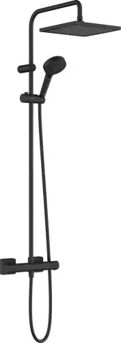 Produktbild: hansgrohe Vernis Shape - Duschsystem mit Thermostat, Regendusche (240 x 240 mm) mit Armatur, Handbrause (2 Strahlarten), Schlauch, Brausestange und eckiger Kopfbrause (1 Strahlart), Mattschwarz