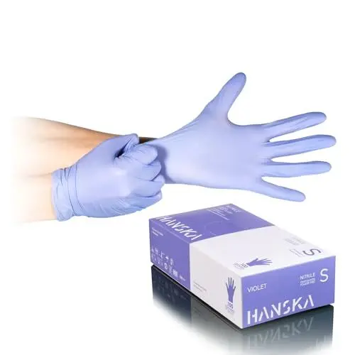 Produktbild: HANSKA 100 violette Nitril-Einweghandschuhe – puderfrei – Einweg – beidhändig – nicht steril – Gummibasis – geeignet für medizinische Bereiche, Handhabung von Lebensmitteln (100, S)