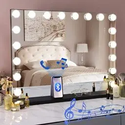 Produktbild: Hansong Großer Hollywood Spiegel mit Beleuchtung und Musik Lautsprecher, 18 dimmbare LED-Lampen, Beleuchteter Schminkspiegel mit USB-Ladeanschluss Hollywood Schminkspiegel