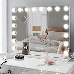 Produktbild: Hansong Hollywood Spiegel 80x60 mit Beleuchtung und Bluetooth, 18 LED Lampen, 3 Farblichtmodi, dimmbarer Schminkspiegel mit Beleuchtung mit USB Ladeanschluss