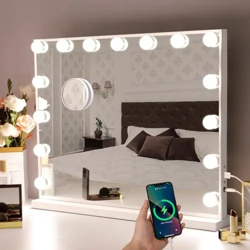 Produktbild: Hansong Hollywood Spiegel mit Beleuchtung Make up Spiegel mit Beleuchtung und USB Ausgang Beleuchteter Schminkspiegel 15 LED Lampen