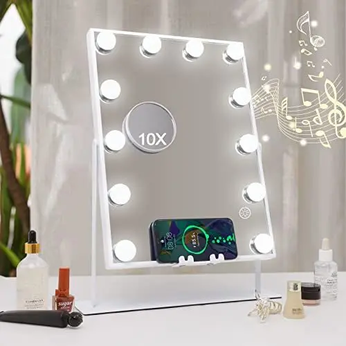 Produktbild: Hansong Lautsprecher Makeup Mirror with Wireless Charging Hollywood Makeup Mirror with 12 Light Bulbs Makeup Mirror with Lights 360 Degree Rotation