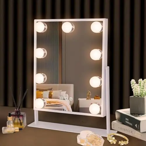 Produktbild: Hansong Schminkspiegel mit Beleuchtung Beleuchteter Schminkspiegel mit 9 LED Lampen mit Tischplatte und Beleuchtung 360 Grad Drehung mit 10 fachem Vergrößerungsspiegel