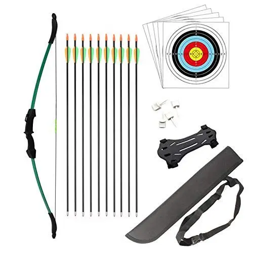 Produktbild: HANSPY Pfeil und Bogen Set für Junior Jagd Anfänger Bogen Recurve Bogenschießen Langbogen Outdoor Kit 15LB für Kinder Teenager 10 Pfeilen 5 Zielgesichter 4 Zielstifte 1 Armschutz 1 Kinderköcher(Grün)