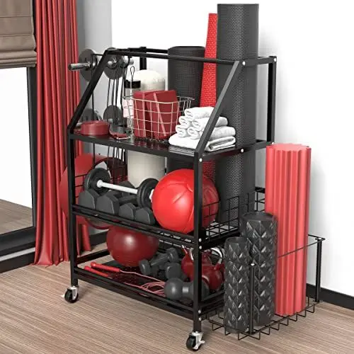 Produktbild: Hantelständer Multifunktionaler Kurzhantelständer für Hanteln, Heim Gym Hantelständer Hantelablage für Schaumstoffrollen, Yogamatten, Kurzhanteln, Kettlebells, mit Haken und Abschließbaren Rädern