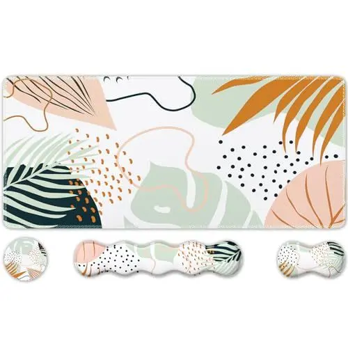 Produktbild: HAOCOO Mauspad Set, Großes Gaming Mauspad + Tastatur Handgelenkauflage + Mauspad mit Handgelenkstütze + Untersetzer, 90x40cm Mousepad Schreibtischmatte für Home Office, Boho-Pflanze