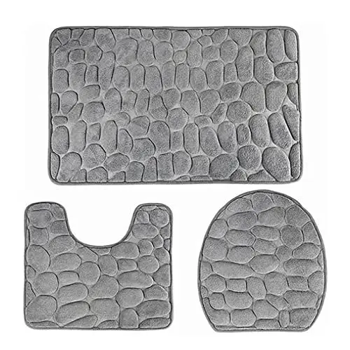 Produktbild: HAOHIZE Badezimmerteppich-Sets, 3-teilig, Kopfsteinpflaster-Memory-Schaum-Badematten-Set, Toilettenvorleger, rutschfeste, saugfähige Teppiche, maschinenwaschbare, trockene (Grey)