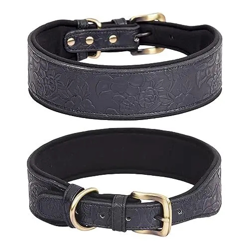 Produktbild: haoyueer Hundehalsband aus Leder, für große Hunde, mittelgroße Hunde und kleine Hunde, PU-Lederhalsband für Hunde, geprägter Druck, Leder-Hundehalsbänder (M, Schwarz)