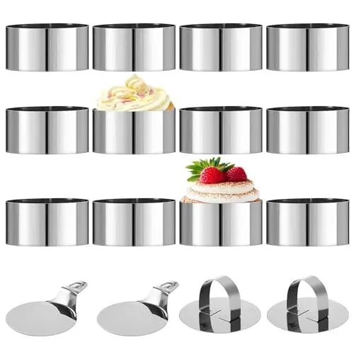 Produktbild: HAOYULUO 12 Stück Dessertringe und Speiseringe,Edelstahl Servierringe 8cm, Ausgestattet mit 2 Grundplatten und 2 Deckeln, Geeignet für die Herstellung von Keksen, Donuts und Kuchenbackformen